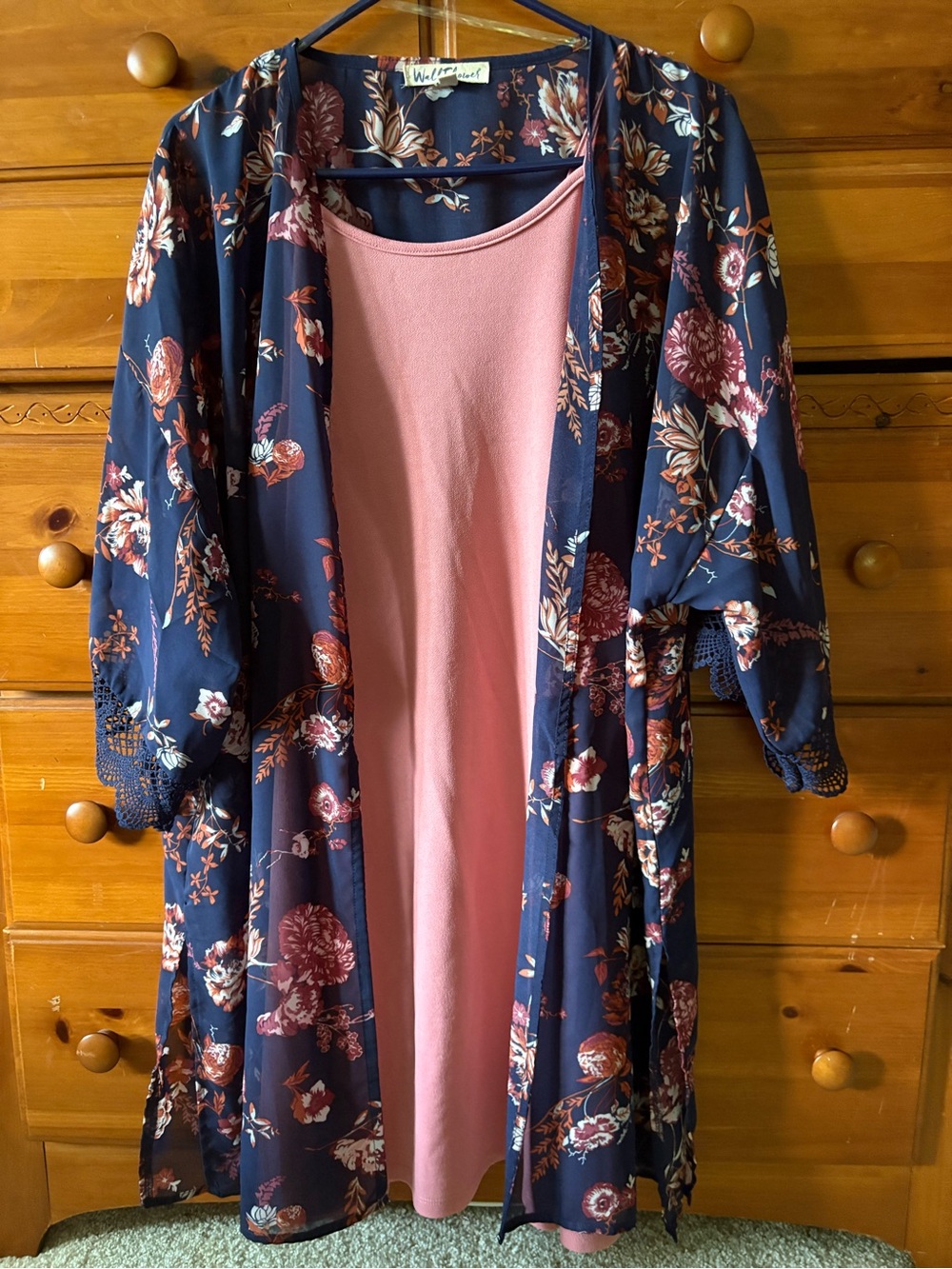 Wallflower Navy Floral Kimono with Pink Slip Dress